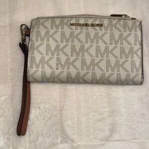 Michael Kors White and Brown Monogram Wristlet